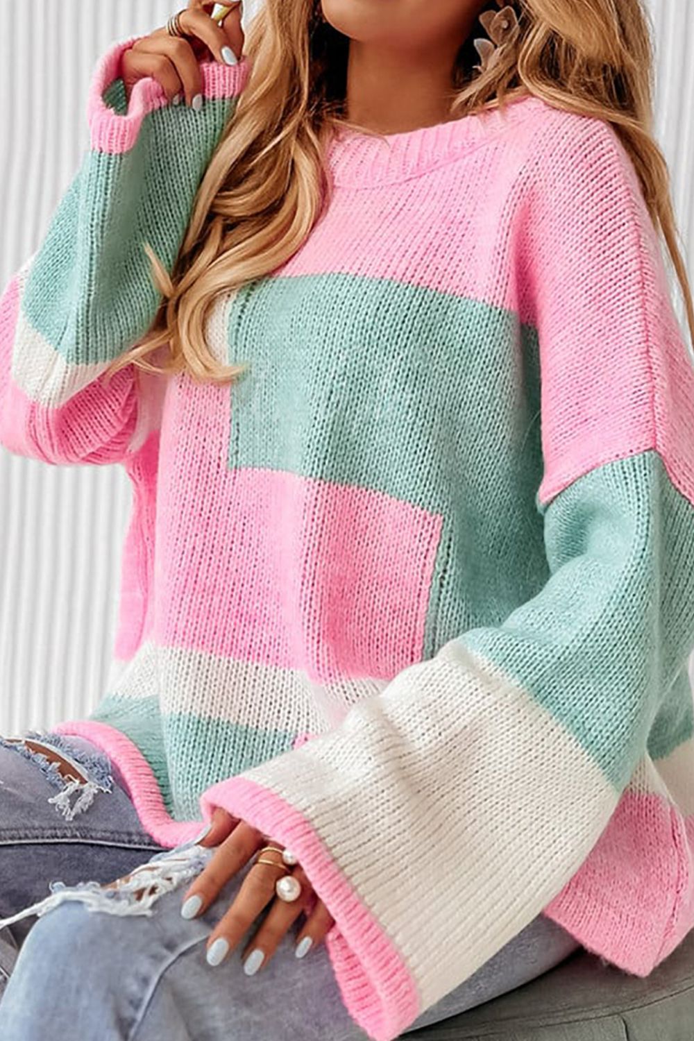 Color Block Round Neck Drop Shoulder Sweater