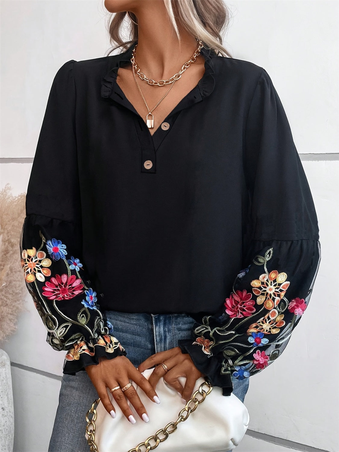 Embroidered Notched Long Sleeve Blouse-True and Wild