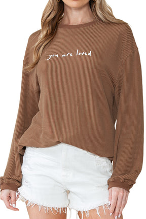 Khaki You Are Loved Print Crinkle Rib Sweatshirt-True and Wild