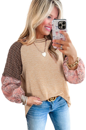 Jet Stream Floral Plaid Mixed Print Patchwork Raglan Ribbed Top-True and Wild