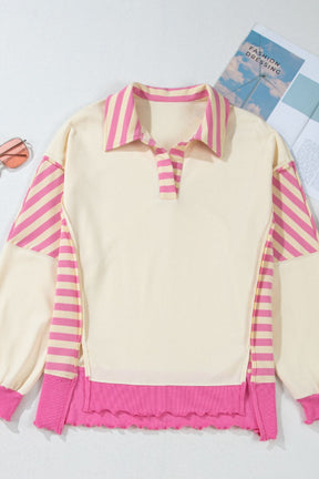 Striped Johnny Collar Long Sleeve Sweatshirt