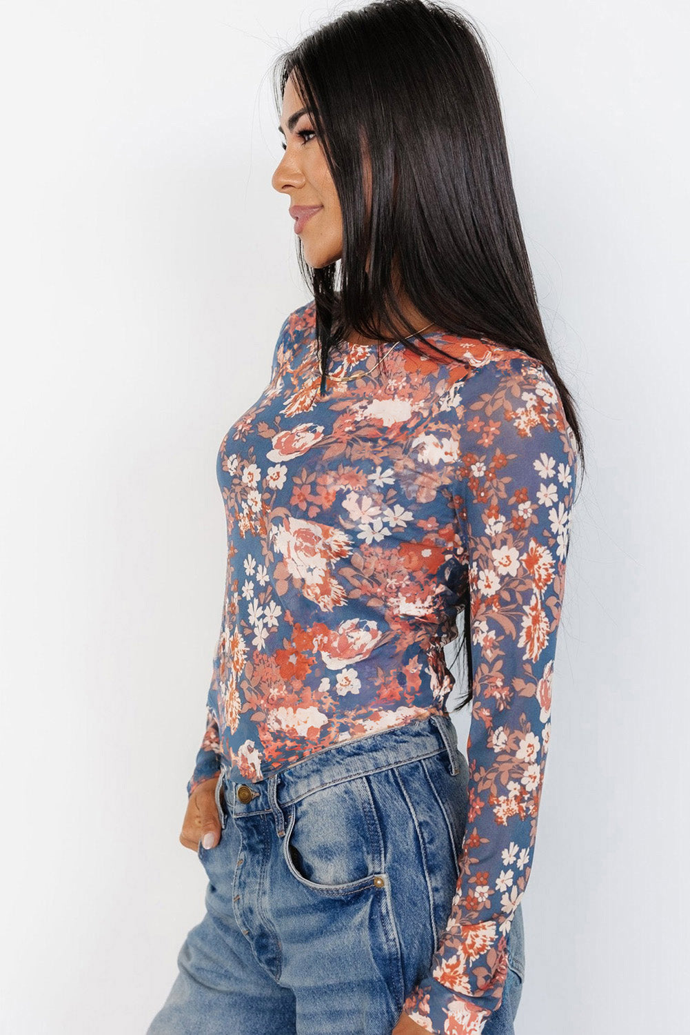 Orchid Petal Allover Floral Print Mesh Long Sleeve Top