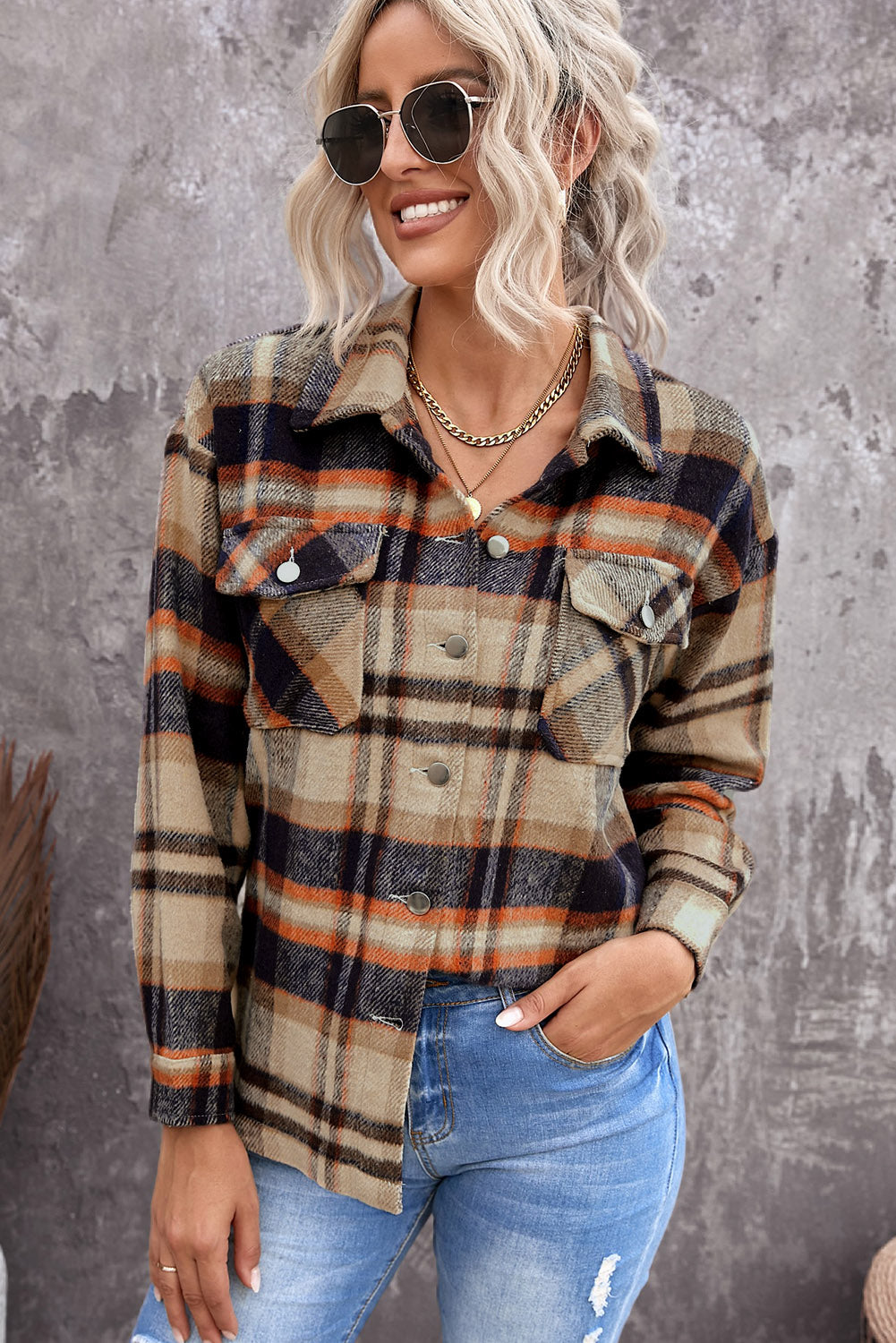 Khaki Plaid Print Casual Button Up Pocket Shacket-True and Wild