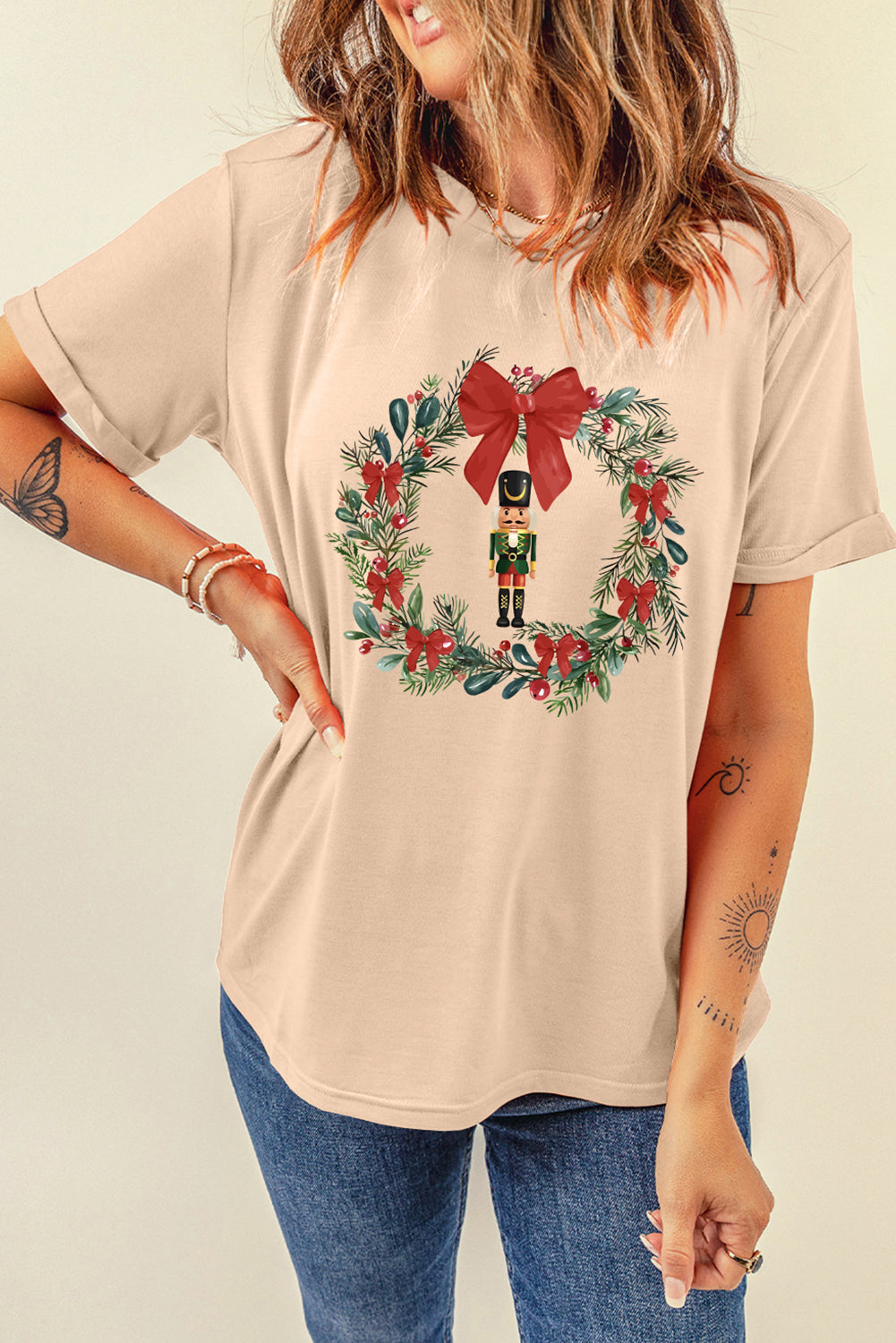 Graphic Tees - Khaki Nutcracker Bow Christmas Wreath Crewneck Printed T Shirt