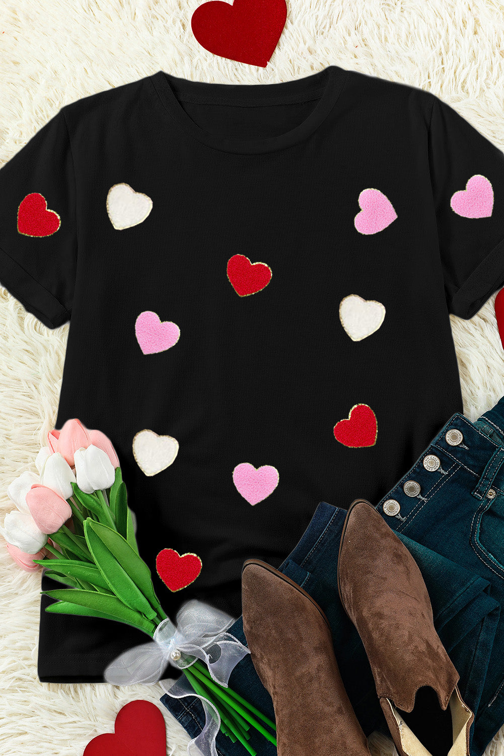 Black Valentines Chenille Heart Patched Pattern Crewneck Tee-True and Wild