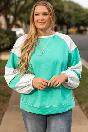 Aruba Blue Colorblock Patchwork Plus Sweatshirt-True and Wild