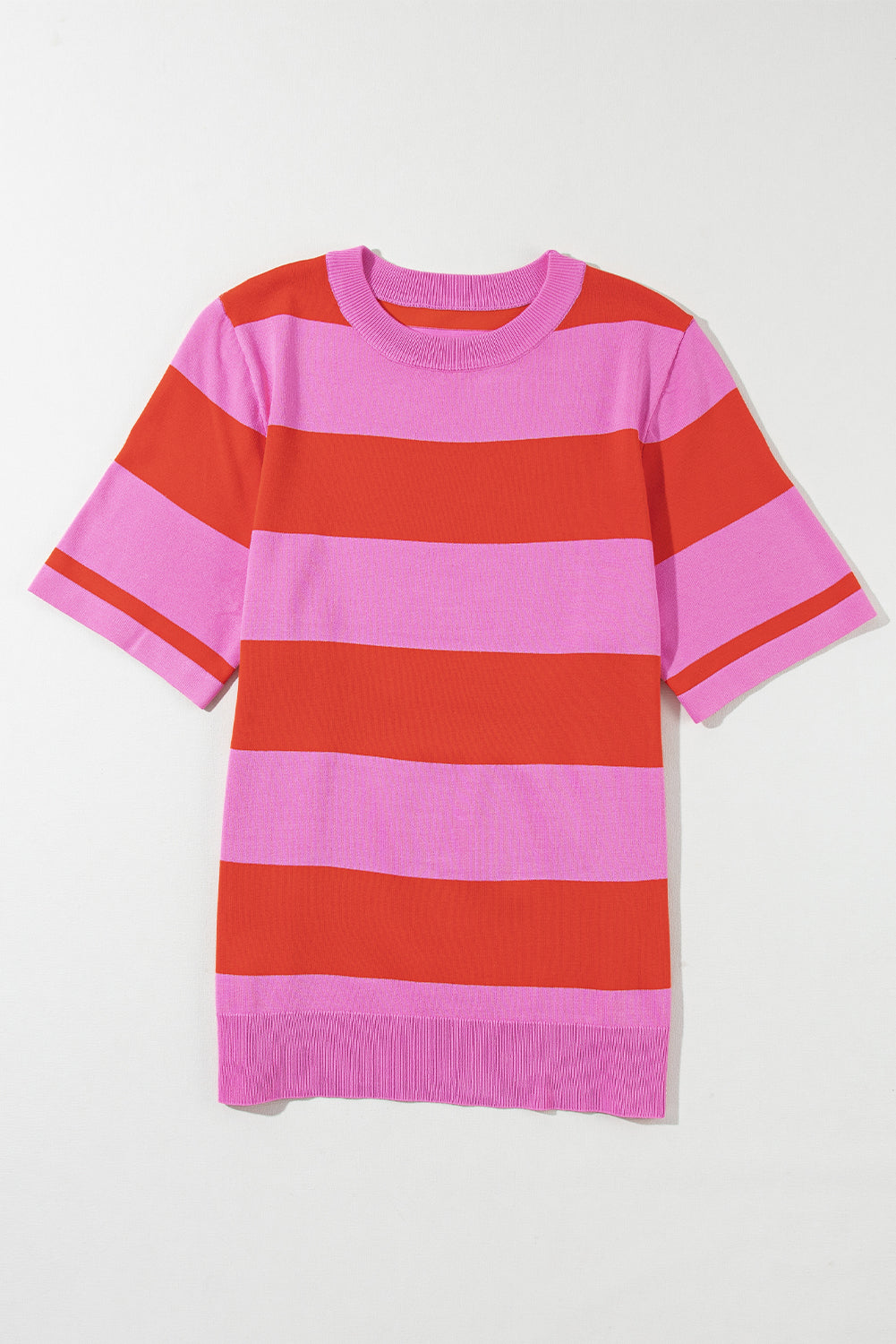 Bright Pink Colorblock Knitted Round Neck T Shirt-True and Wild