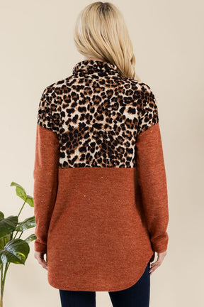 Celeste Full Size Curved Hem Leopard Turtleneck Long Sleeve Blouse-True and Wild