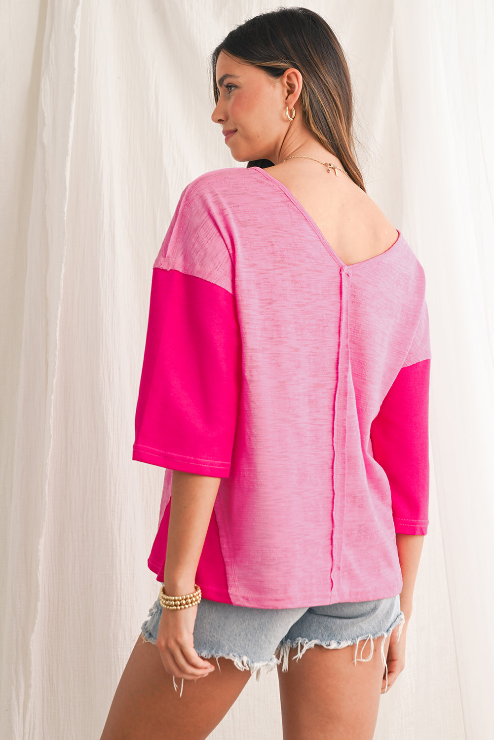 Sachet Pink V-Neck Exposed Seam Patchwork Top