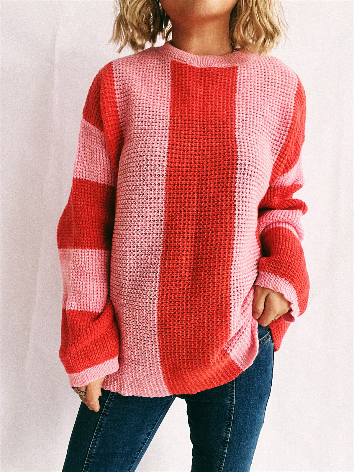 Color Block Round Neck Long Sleeve Sweater-True and Wild