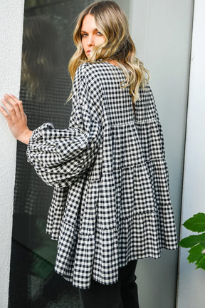 Black Plaid Drop Sleeve Tiered Oversized Blouse-True and Wild