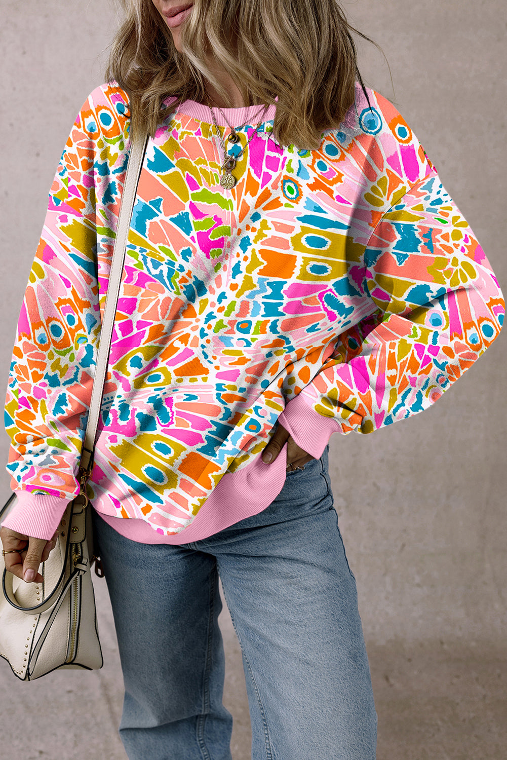 Pink Abstract Print Drop Shoulder Sweatshirt-True and Wild