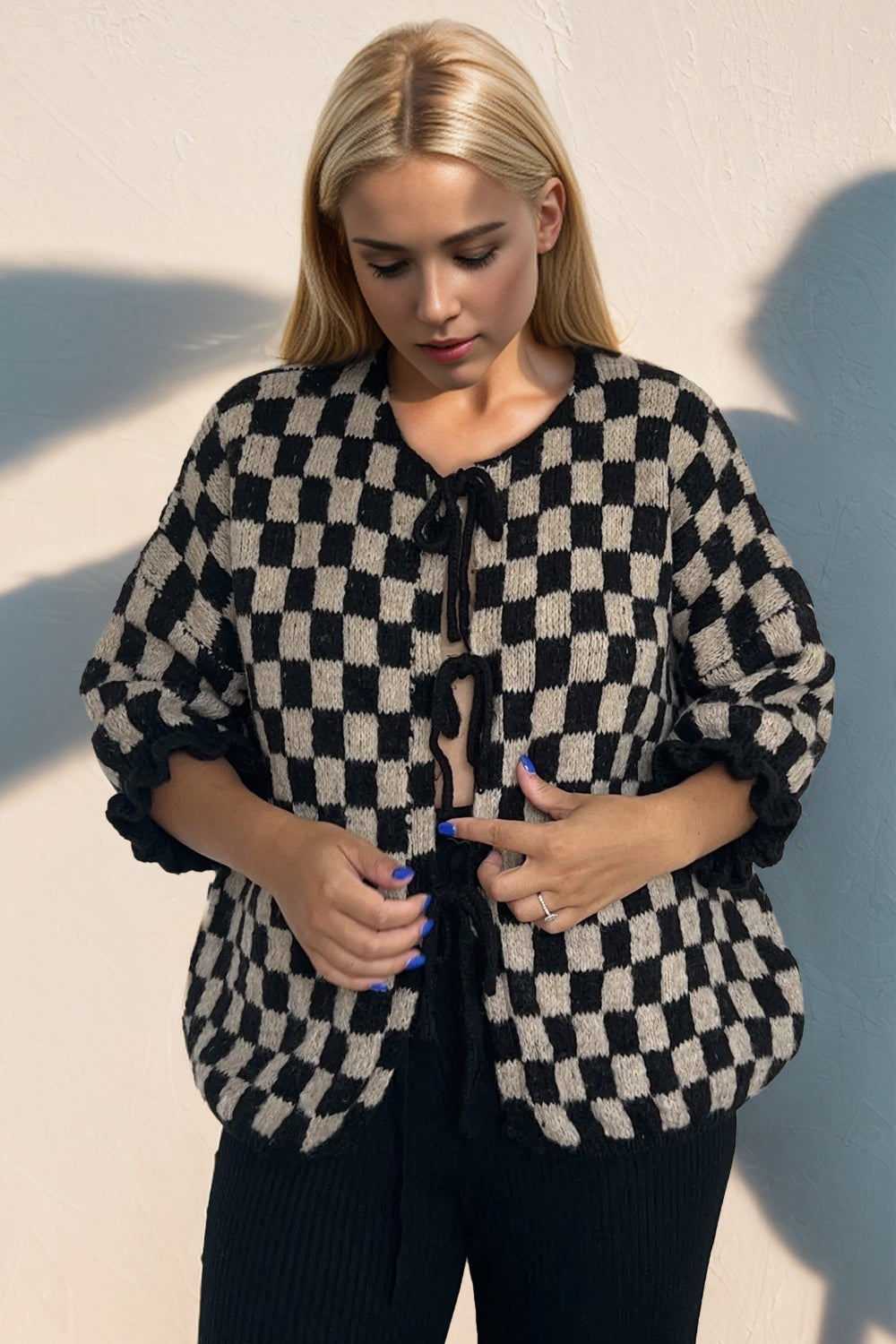 Double Take Tied Checkered Dropped Shoulder Flounce Sleeve Cardigan-True and Wild