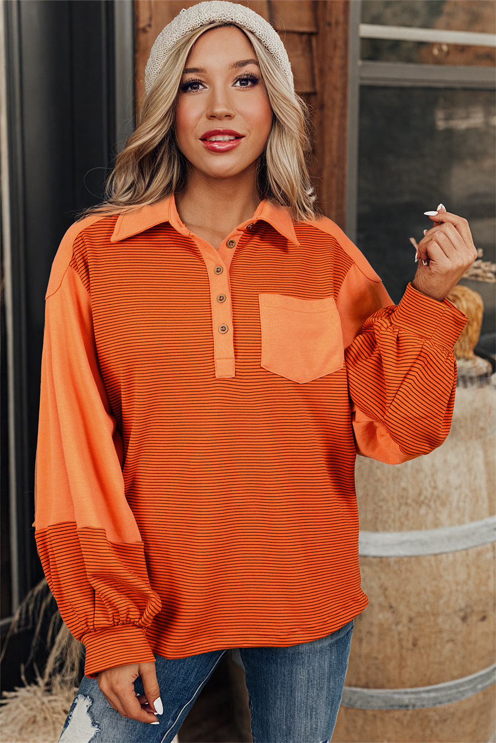 Orange Exposed Seam Puff Sleeve Henley Sweatshirt-True and Wild