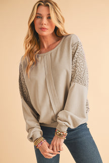 Parchment Crochet Patchwork Exposed Seam Ribbed Trim Sweatshirt-True and Wild