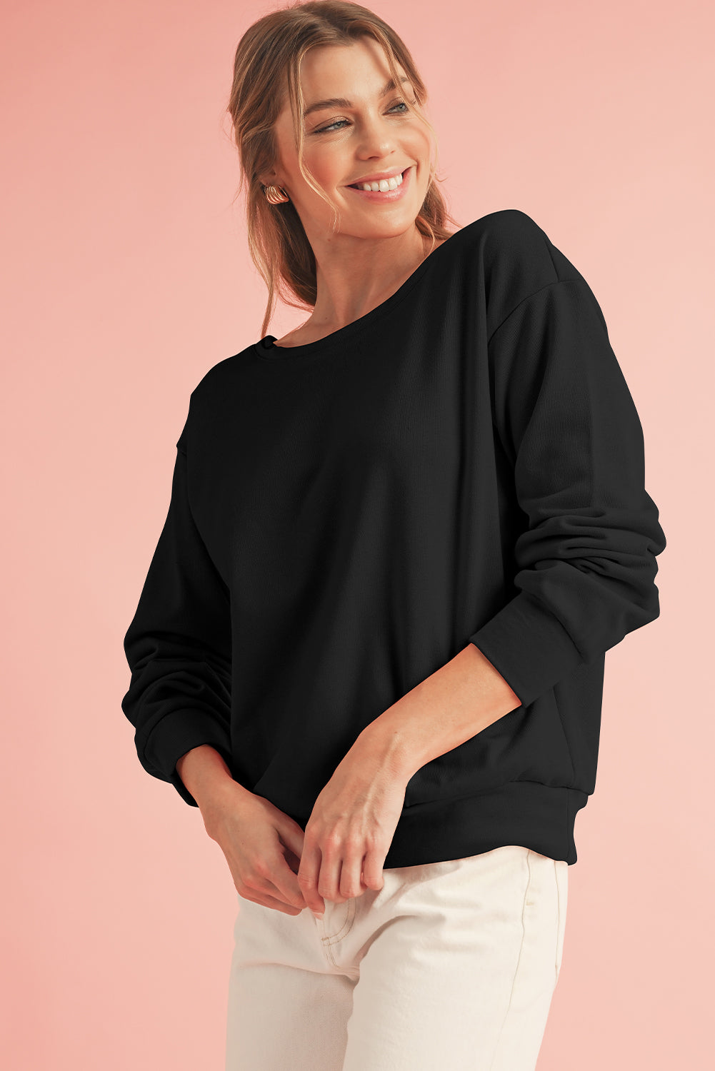 Apricot Bowknot Plain Round Neck Sweatshirt-True and Wild