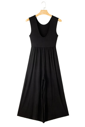 Black Solid Color Open Back Sleeveless Wide Leg Jumpsuit-True and Wild