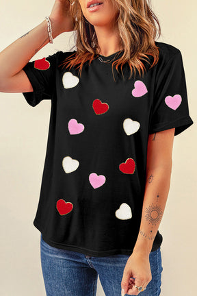 Black Valentines Chenille Heart Patched Pattern Crewneck Tee-True and Wild