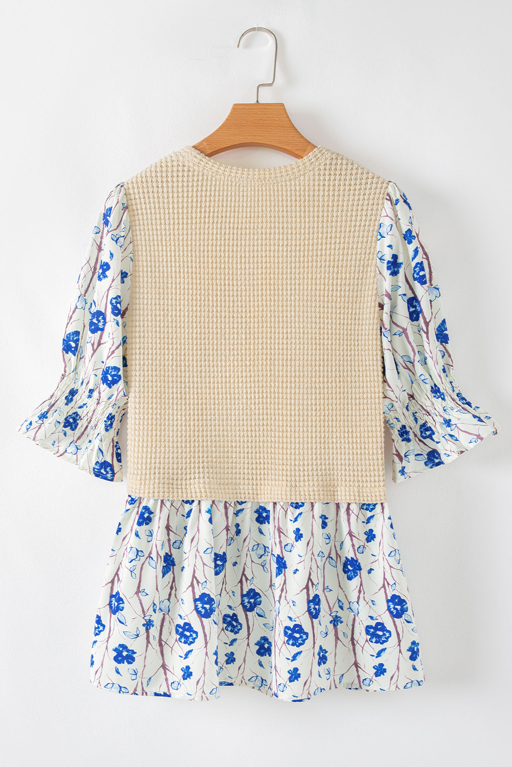 Beige Waffle Floral Patchwork Peplum Blouse