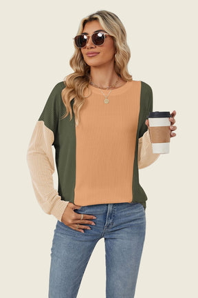 Double Take Texture Contrast Round Neck Long Sleeve T-Shirt-True and Wild