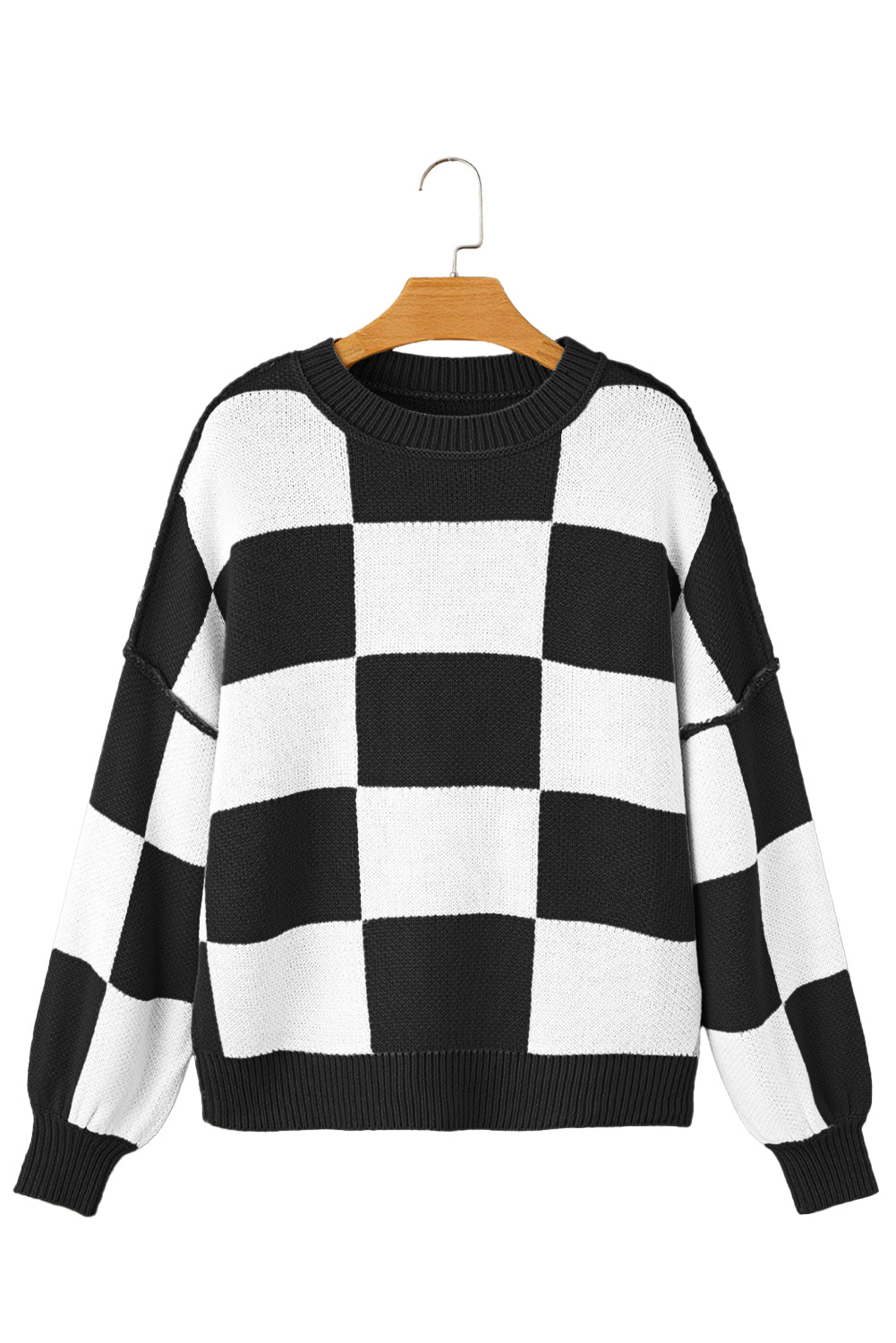 Orange & White Plaid Exposed Seam Bishop Sleeve Sweater-True and Wild