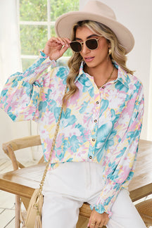 Yellow Floral Allover Print Shirred Cuff Oversized Shirt