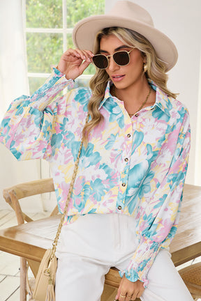 Yellow Floral Allover Print Shirred Cuff Oversized Shirt