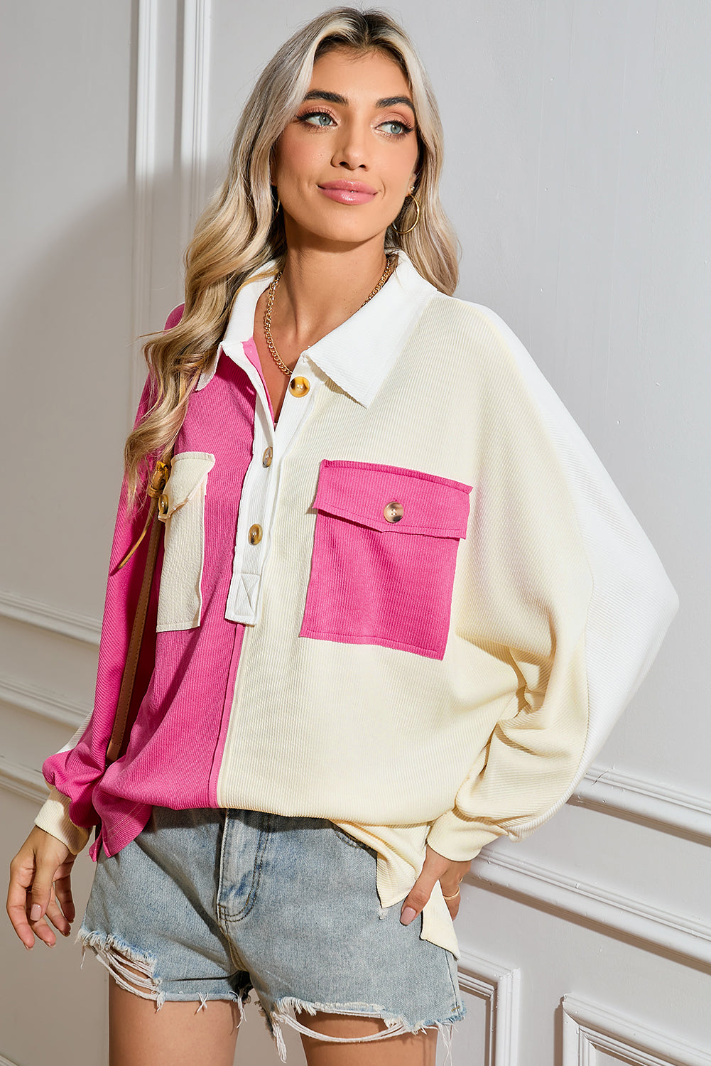 Pink Colorblock Patchwork Ribbed Oversized Sweatshirt-True and Wild