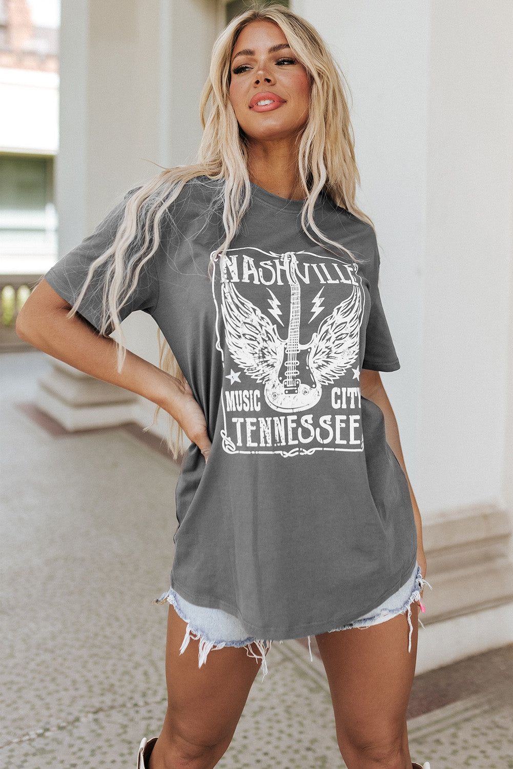 Grey Guitar Print Graphic Oversized Band Tee-True and Wild