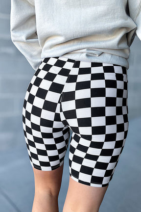 Black Checkerboard Printed High Waist Biker Shorts