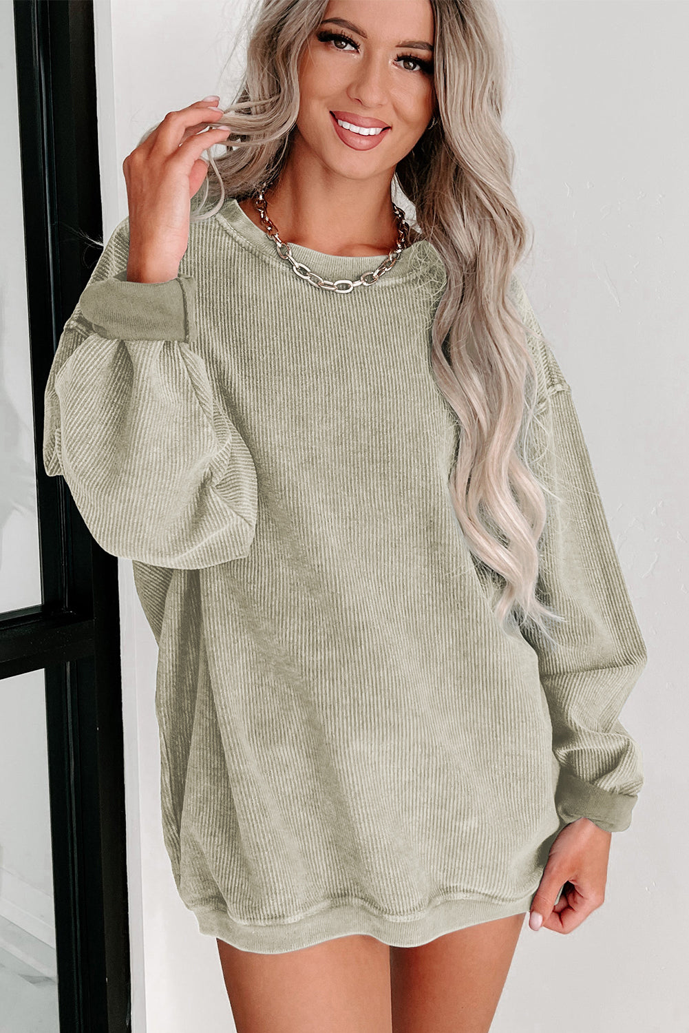 Pink Solid Ribbed Round Neck Pullover Sweatshirt-True and Wild