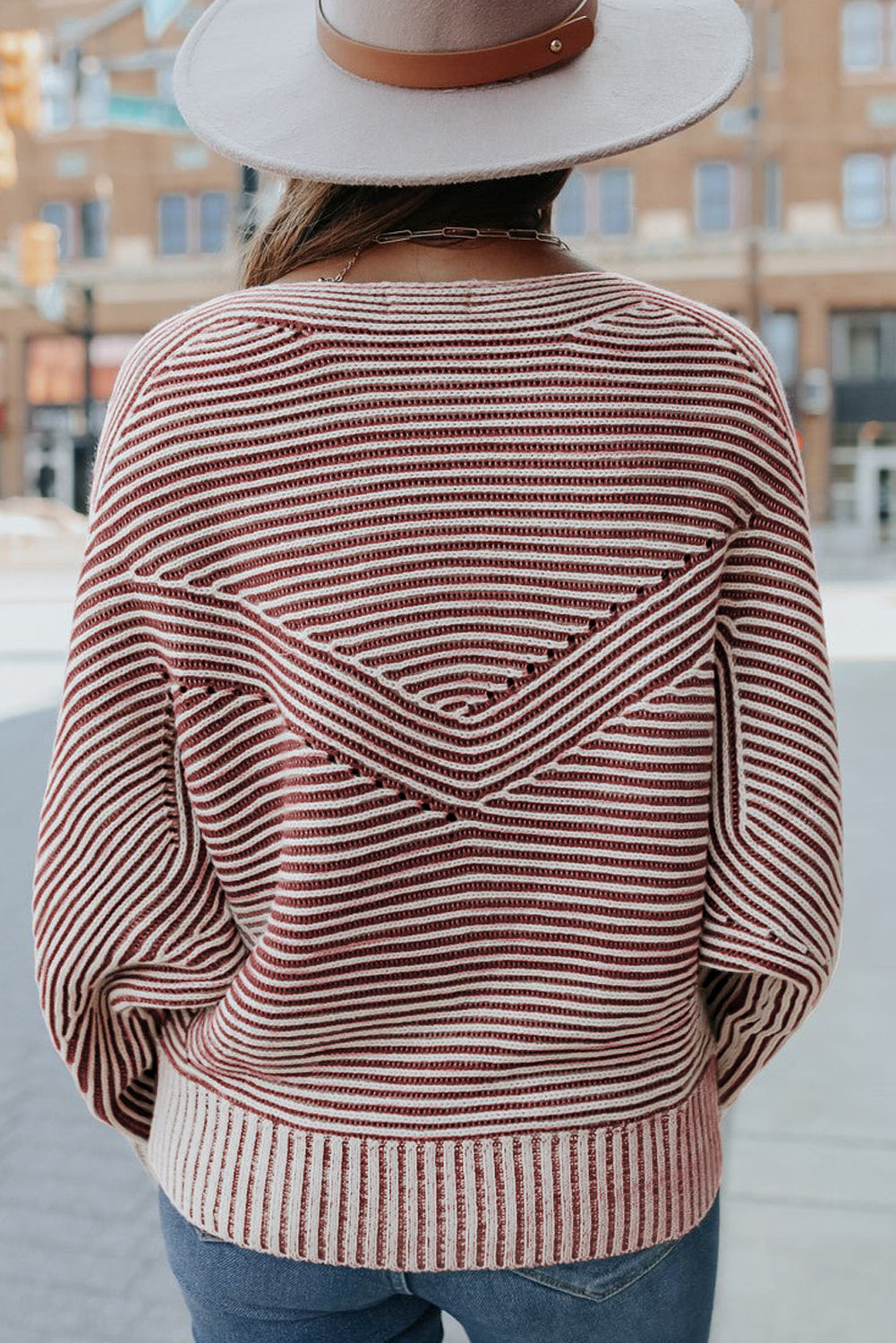 Red Dahlia Striped Print Ribbed Knit Raglan Sleeve Baggy Sweater-True and Wild