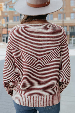 Red Dahlia Striped Print Ribbed Knit Raglan Sleeve Baggy Sweater-True and Wild