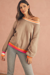 Parchment Striped Trim Drop Shoulder Sweater-True and Wild