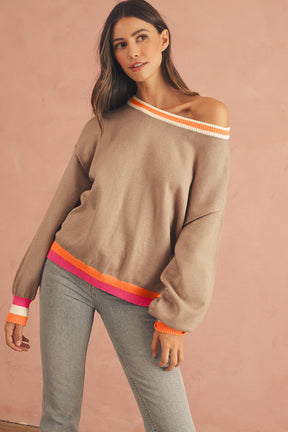 Parchment Striped Trim Drop Shoulder Sweater-True and Wild