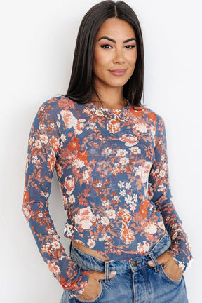 Orchid Petal Allover Floral Print Mesh Long Sleeve Top