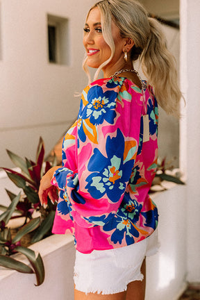 Rose Floral Print V Neck Puff Sleeve Blouse-True and Wild