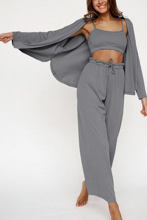 Spaghetti Strap Bra, Open Front Cardigan And Drawstring Pants Set