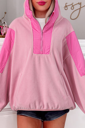 Pink Patchwork Half Zip Oversized Sherpa Hoodie-True and Wild