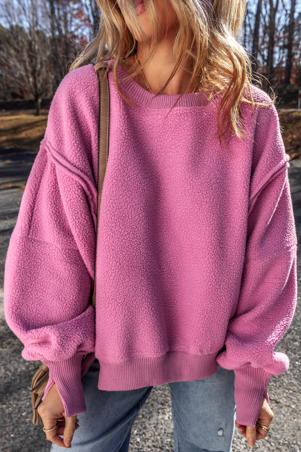 Bright Pink Sherpa Seamed Drop Shoulder Oversized Sweatshirt-True and Wild