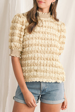 Beige Textured Frill Trim Smocked Puff Sleeve T Shirt-True and Wild