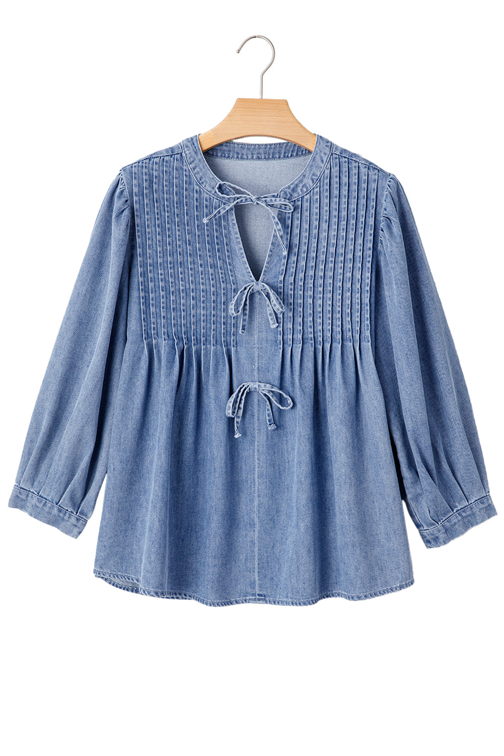 Myosotis Denim Bow Tie Pleated Puff Sleeve Top-True and Wild