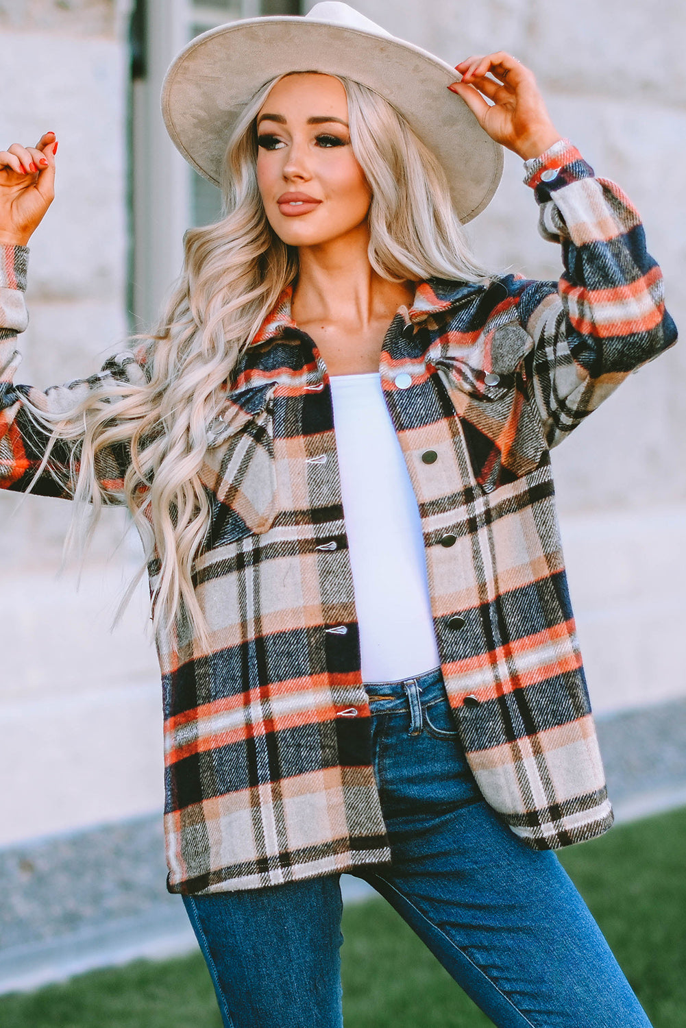 Khaki Plaid Print Casual Button Up Pocket Shacket-True and Wild