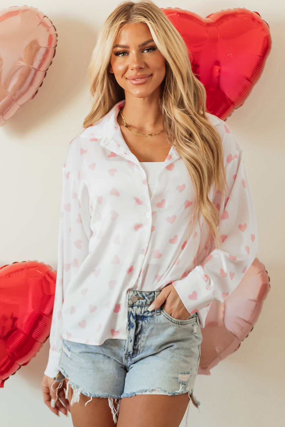 Heart Print Collared Neck Long Sleeve Shirt-True and Wild