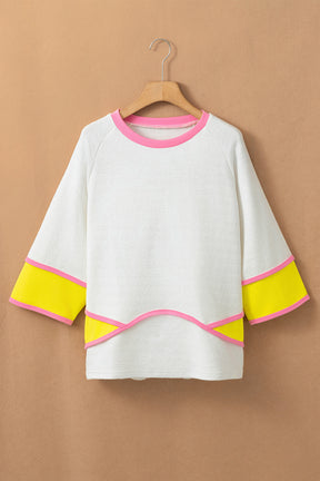 White Colorblock 3/4 Sleeve Relaxed Top