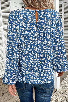 Blue Ditsy Floral Print Lantern Sleeve Blouse-True and Wild