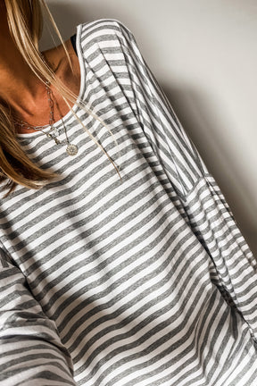 Gray Stripe Drop Sleeve Round Neck Oversized Top-True and Wild