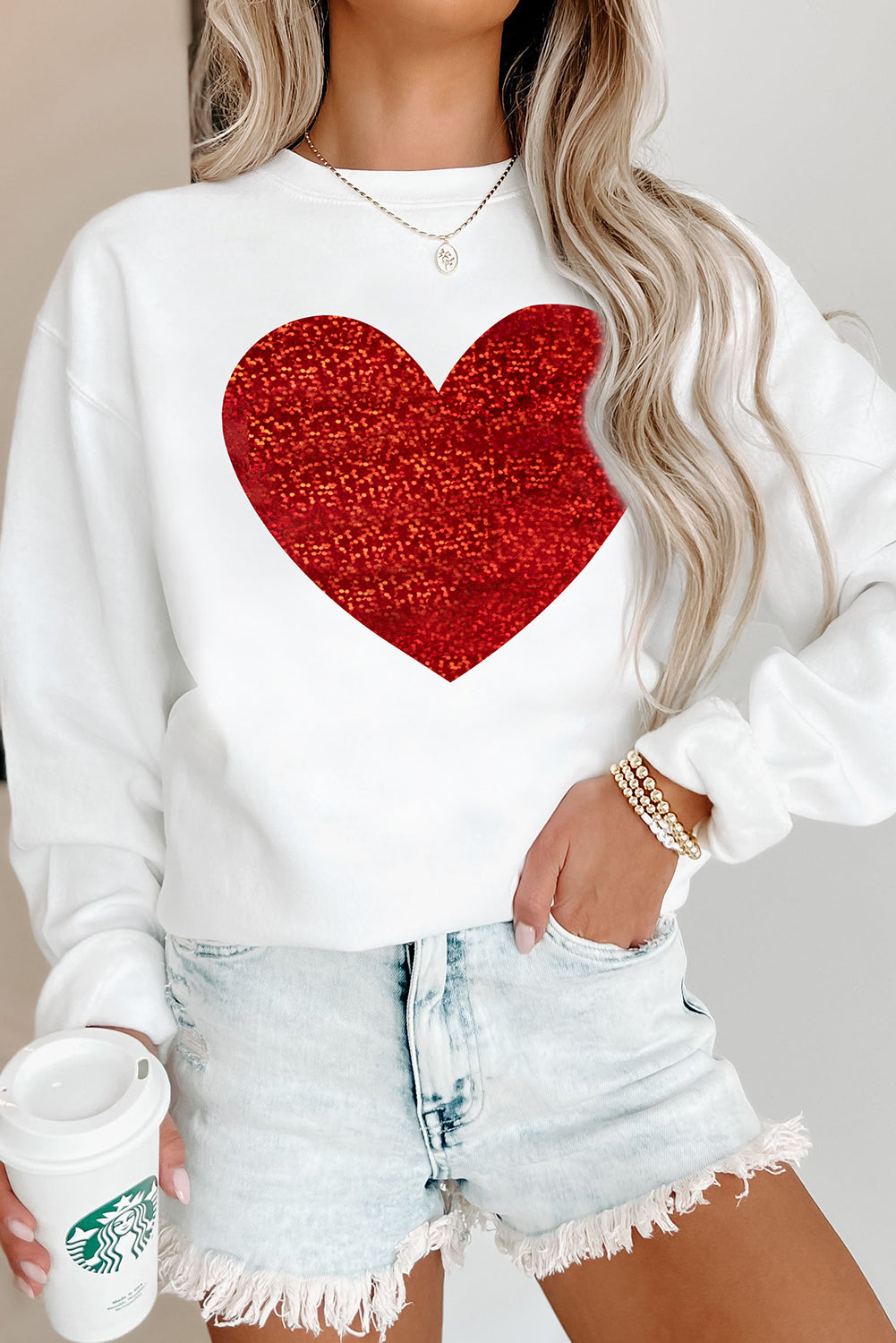 Beige Glitter Valentine Heart Graphic Sweatshirt-True and Wild