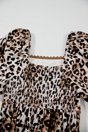 Brown Leopard Print Puff Sleeve Ricrac Maxi Dress