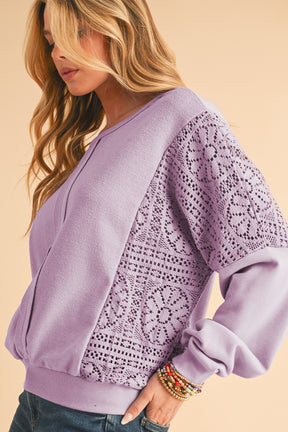 Parchment Crochet Patchwork Exposed Seam Ribbed Trim Sweatshirt-True and Wild